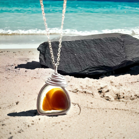 Yellow and Brown Seaham Sea Glass Pendant on a 20” Sterling Silver Chain .