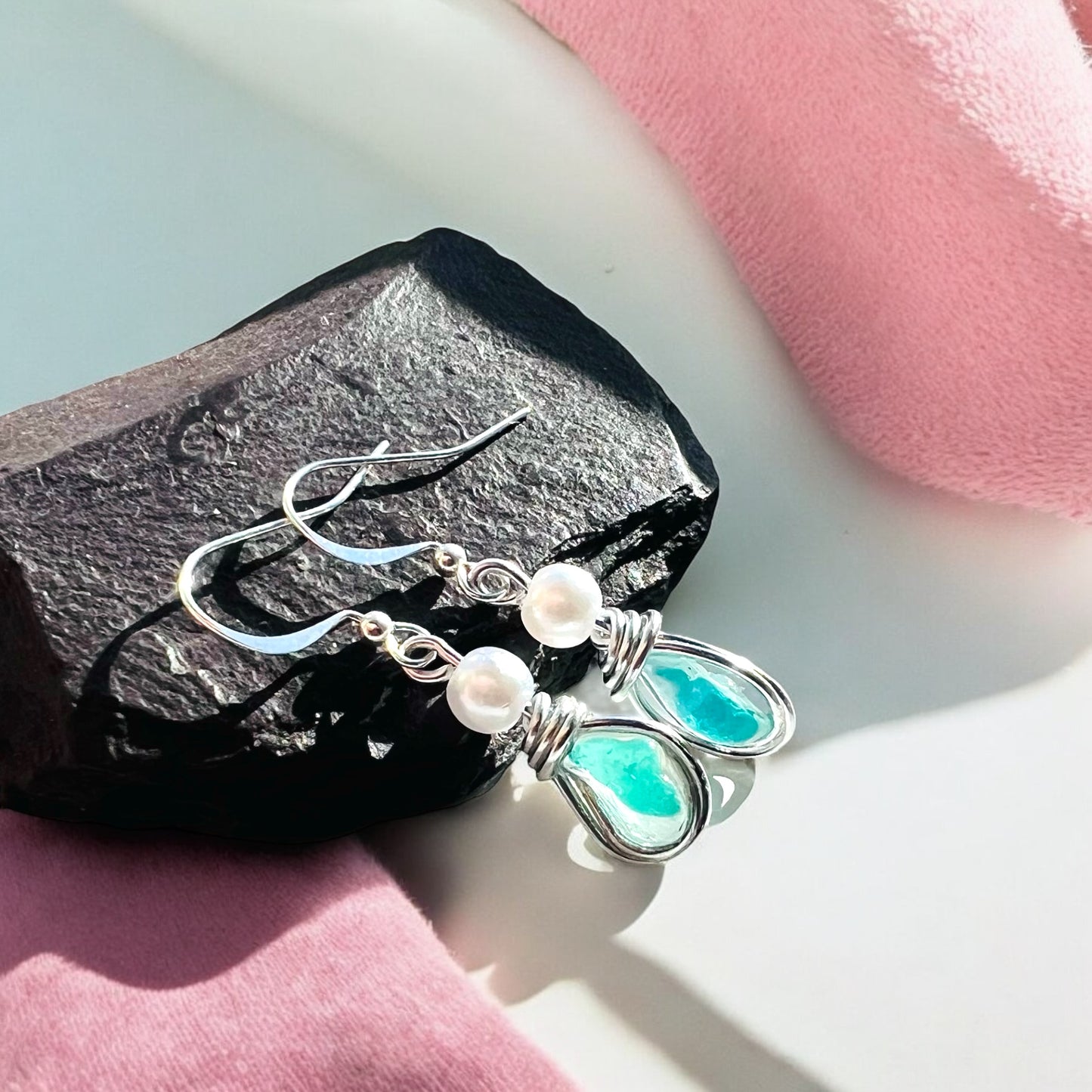 Rare Turquoise Seaham Sea Glass Earrings