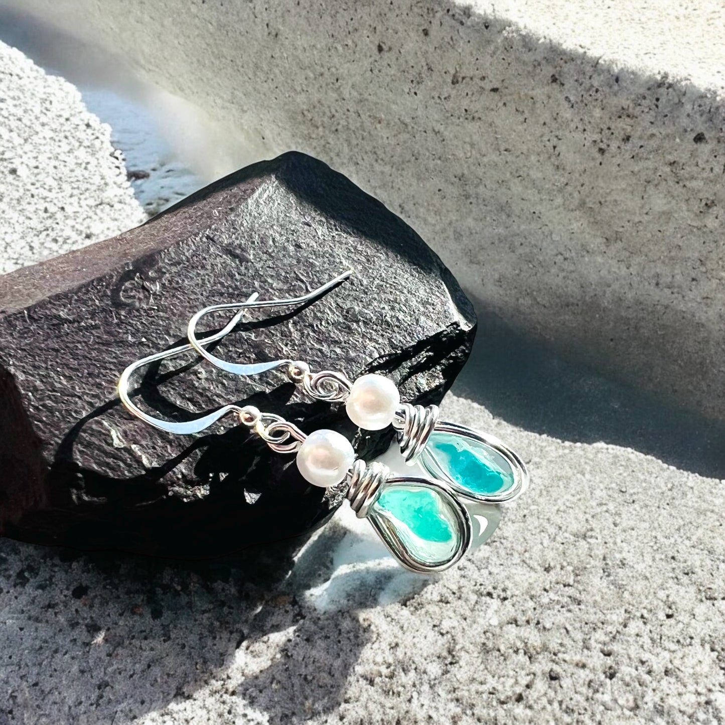 Rare Turquoise Seaham Sea Glass Earrings