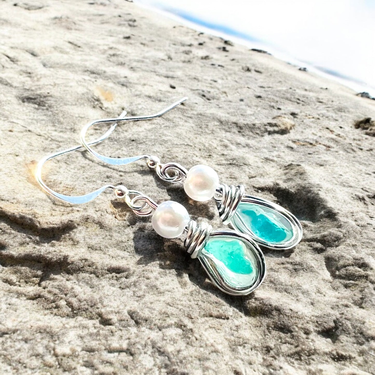 Rare Turquoise Seaham Sea Glass Earrings