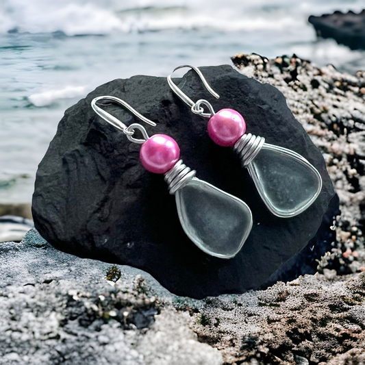 Devon Sea Glass & Pink Bead Earrings